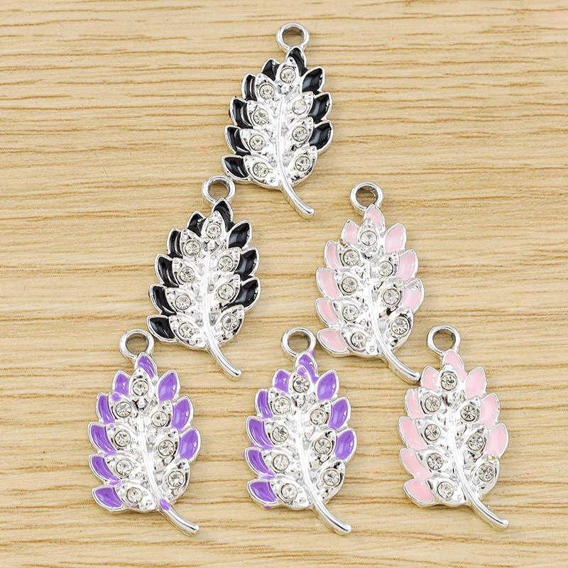 

10pcs 12x25mm Cute Crystal Enamel Tree Leaf Charms Pendants for Jewelry Making Necklaces Earrings Bracelets DIY Crafts Supplies