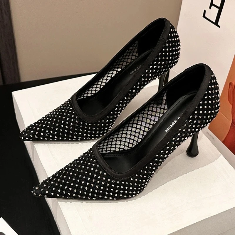 

Сексуальные сандалии в сетку со стразами, женские дышащие элегантные свадебные модельные туфли для вечеринок, модные женские туфли на высоком каблуке с острым носком