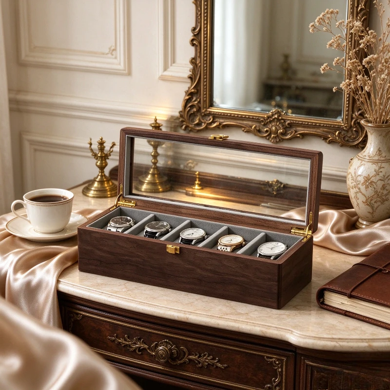 Minimalist Solid Wood Watch Box with Tempered Glass Dustproof Lid Extra Large Wide Multi Slot Watch Organizer Display Case