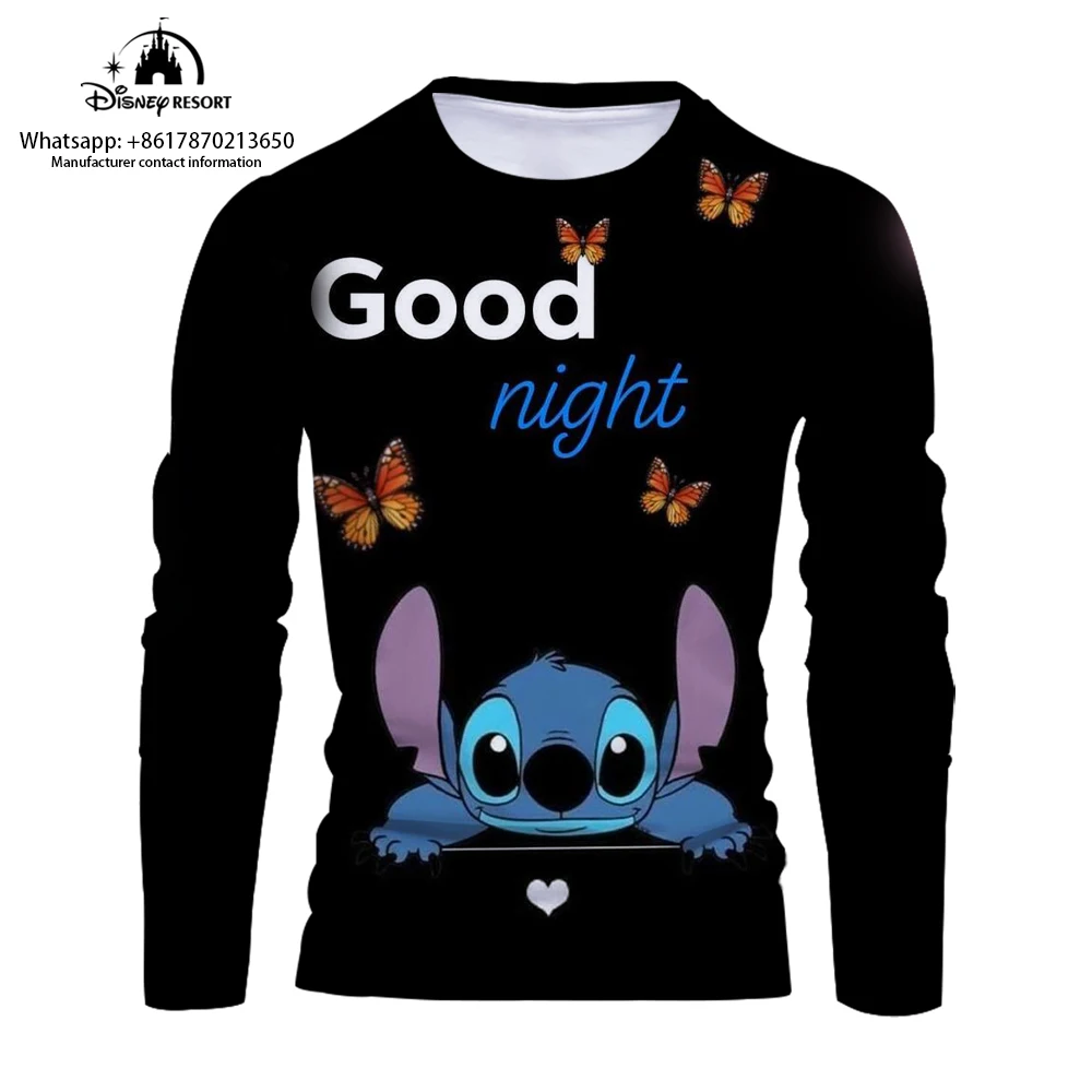 Fashion casual men's long-sleeved T-shirt bottoming shirt Stitch cartoon 3D comfortable men's long-sleeved T-shirt 2024 new