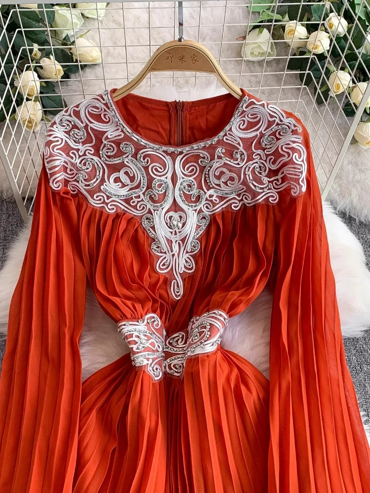 Elegant Dress Women Chiffon Long Skirts Summer Luxury Lace Crystal Bead Sleeve Flower Belt Prom Evening Formal Dresses Autumn