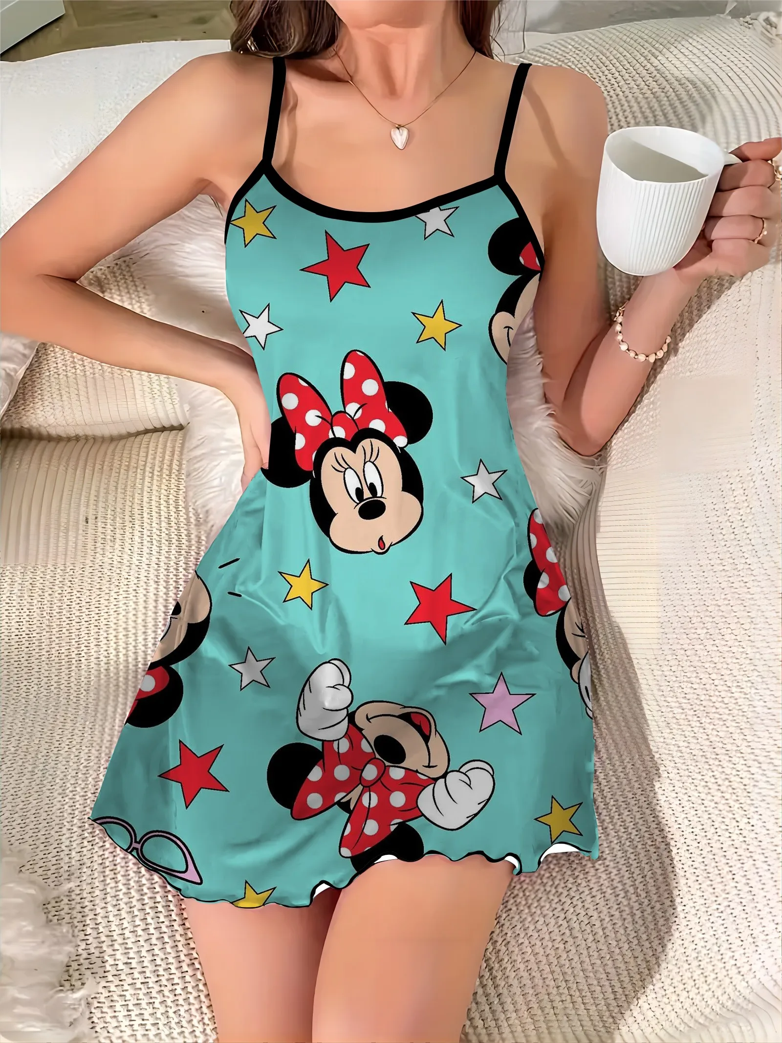 Lettuce Trim Pajama Skirt Mickey Home Dress Crew Neck Satin Surface Elegant Dresses for Women Disney Minnie Mouse Chic Mini Sexy