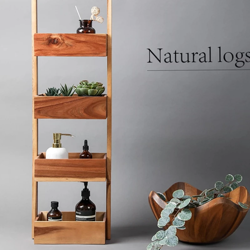 Acacia Wood Floor Storage Rack, Mid-Century Rustic Multi-Grid Solid Wood Organizer Shelf for Living Room Balcony Entryway
