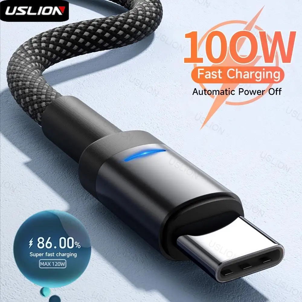 100W Type C Fast Charging Cable Automatic Power Off Nylon Braided USB Data Cord For Xiaomi 14 Redmi 13 Realme Huawei Oneplus 12