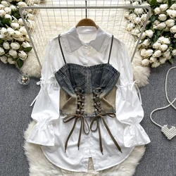 Denim Vest+Long Shirt Suits Spaghetti Strap Bandage Vest Tops + All Matching Puffy Sleeve Mini Shirts Dresses Sets For Women