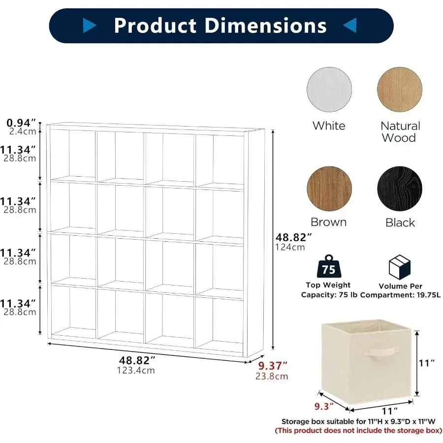 16-Cube Storage Organizer Bookcase, Thick Frame Wood Grain Storage Shelf, Rectangular Cube Open Back Display Unit, 48.8x9.4x48.