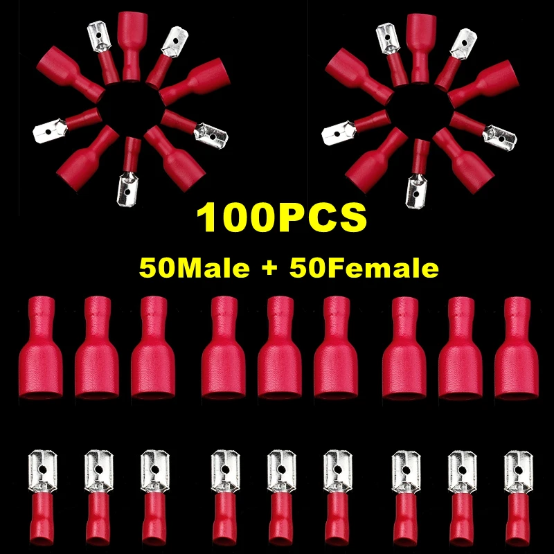 

100Pcs (50Pairs) 6.3mm Red Spade Female & Male Cold Presed Insulated Crimp Terminals Electrical Wire Connectors Kit