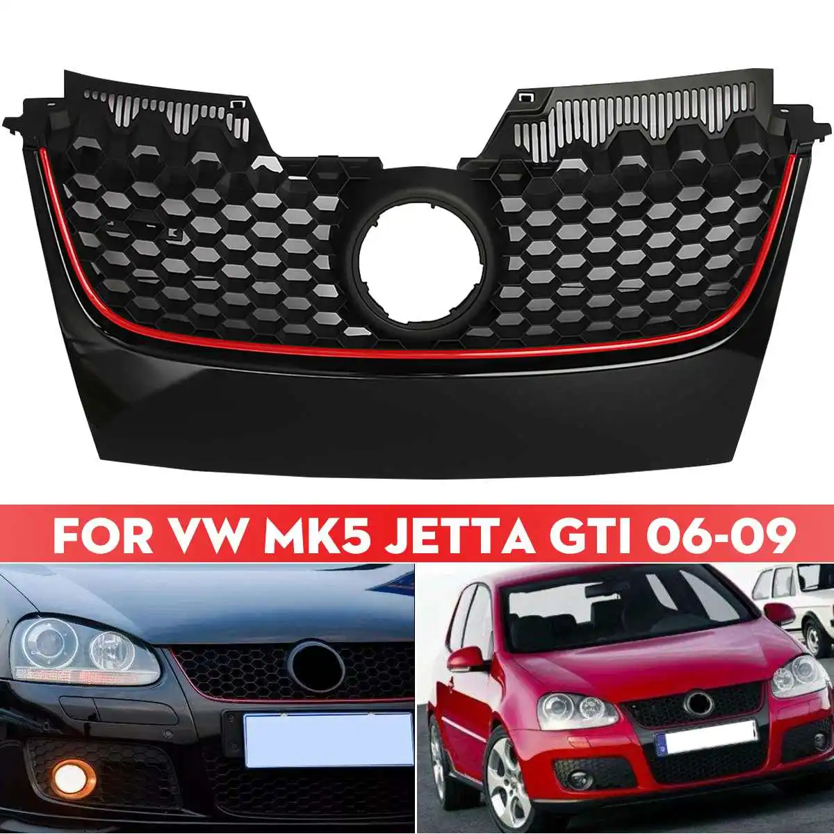 Car Red Strip Front Center Grille Bumper Grill with Red Border For VW for Jetta GTI MK5 2006 2007 2008 2009