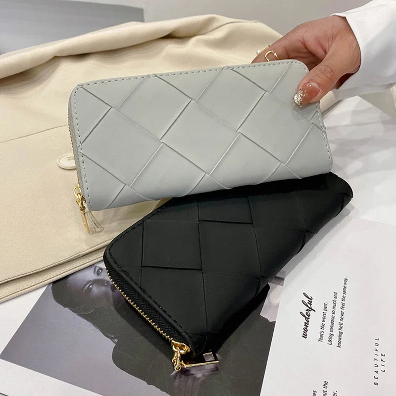 

Women's Wallets Fashion Hand-woven Wallet Women Long Purses Brand Designer Pu Leather Zipper Clutch Bag Female Money Coin Pocket