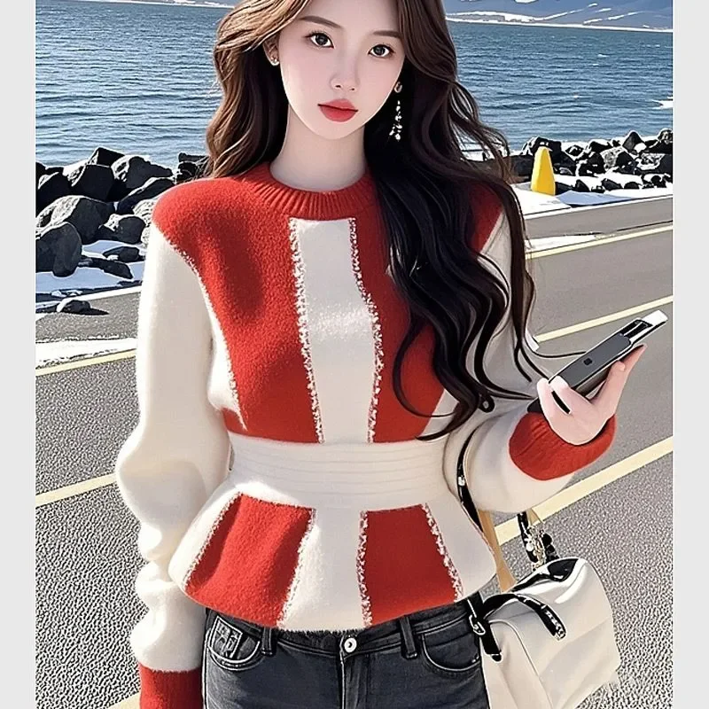 

Warm Striped Knit Pullover For Women With Peplum Hem And Color Block Design Casual Autumn Winter Wear