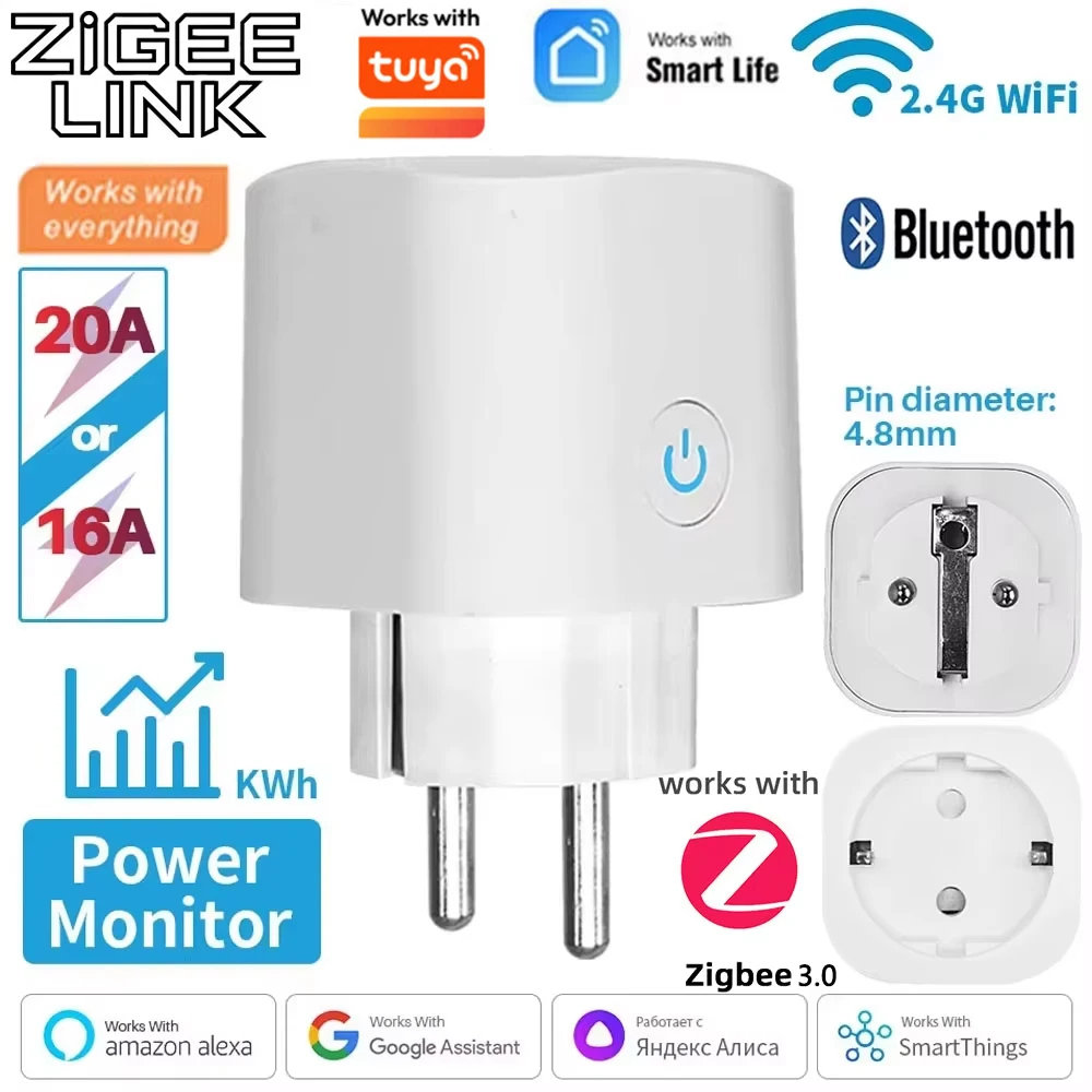 Zigbee 3.0/Wifi Smart Socket EU16A/20A Smart Plug With Power Monitor Smart Life APP Remote Control Support Tuya Google Assistant