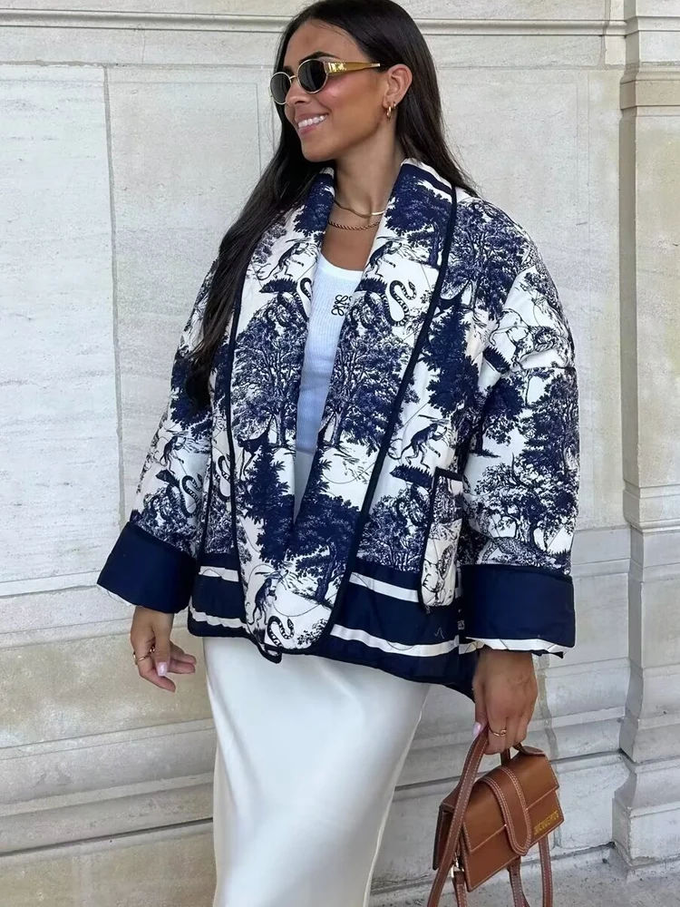 

HH 2025 Women Lapel Printed Short Cotton Jacket Fashion Female V-neck Long Sleeve Pocket Warm Office Streetwear Outwear