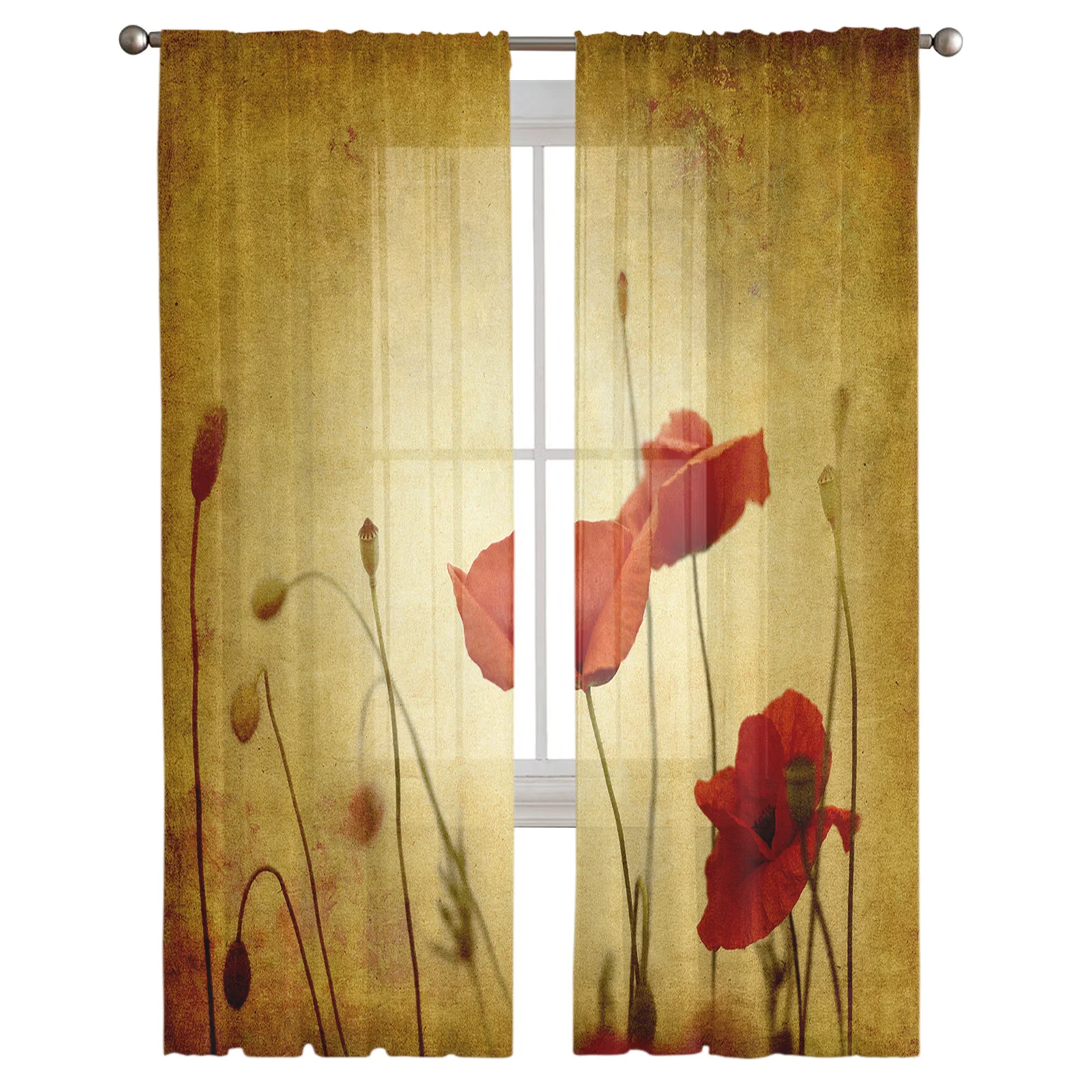 Nostalgic Poppy Sexy Flowers Sheer Curtain for Living Room Bedroom Voile Drape Kitchen Window Tulle Curtains Home Essentials