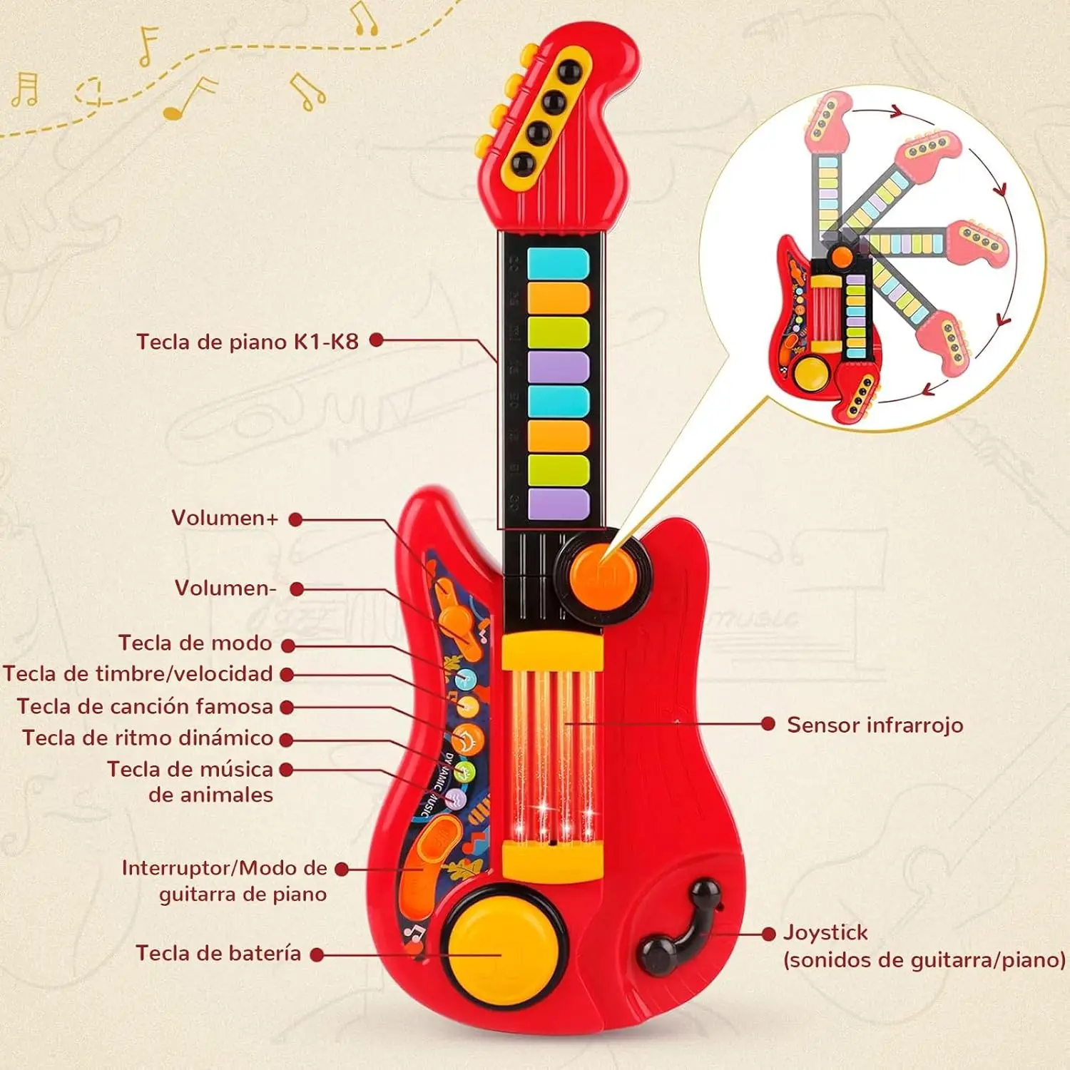 Brinquedo de piano de guitarra dobrável 2 em 1 - luz, som e melodias, instrumento musical educacional para crianças, presente unissex