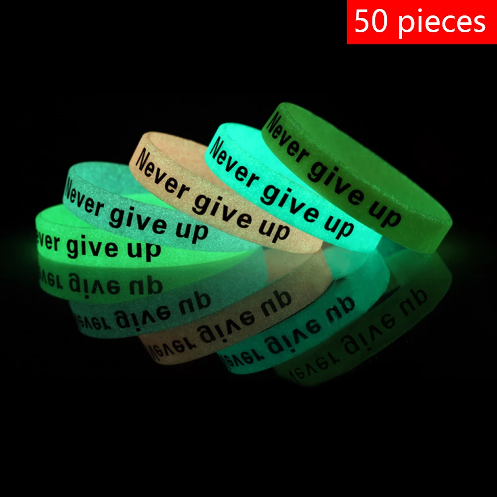 Wholesale Customized 50pcs Never Give Up Glow in The Dark Wristband Noctilucence Rubber Band Silicone Bracelet Bangle Jewelry