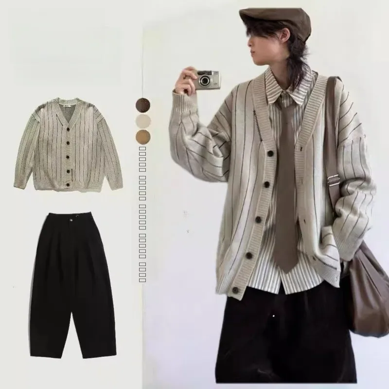 

Neutral Striped Open Cardigan Sweater V-Ne Knitted Set Autumn Winter Two-Piece Tee-Piece Set College Sle Vintage Polyes...