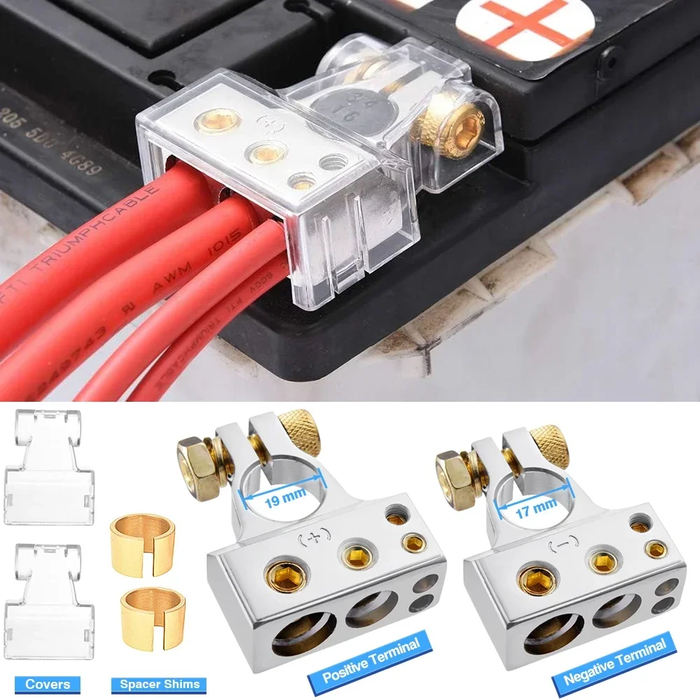 Car Battery Terminal Connectors Kit 2/4/8/10 AWG Auto Audio Positive Negative Battery Post Clamp Clear Covers Shims Gold Silver