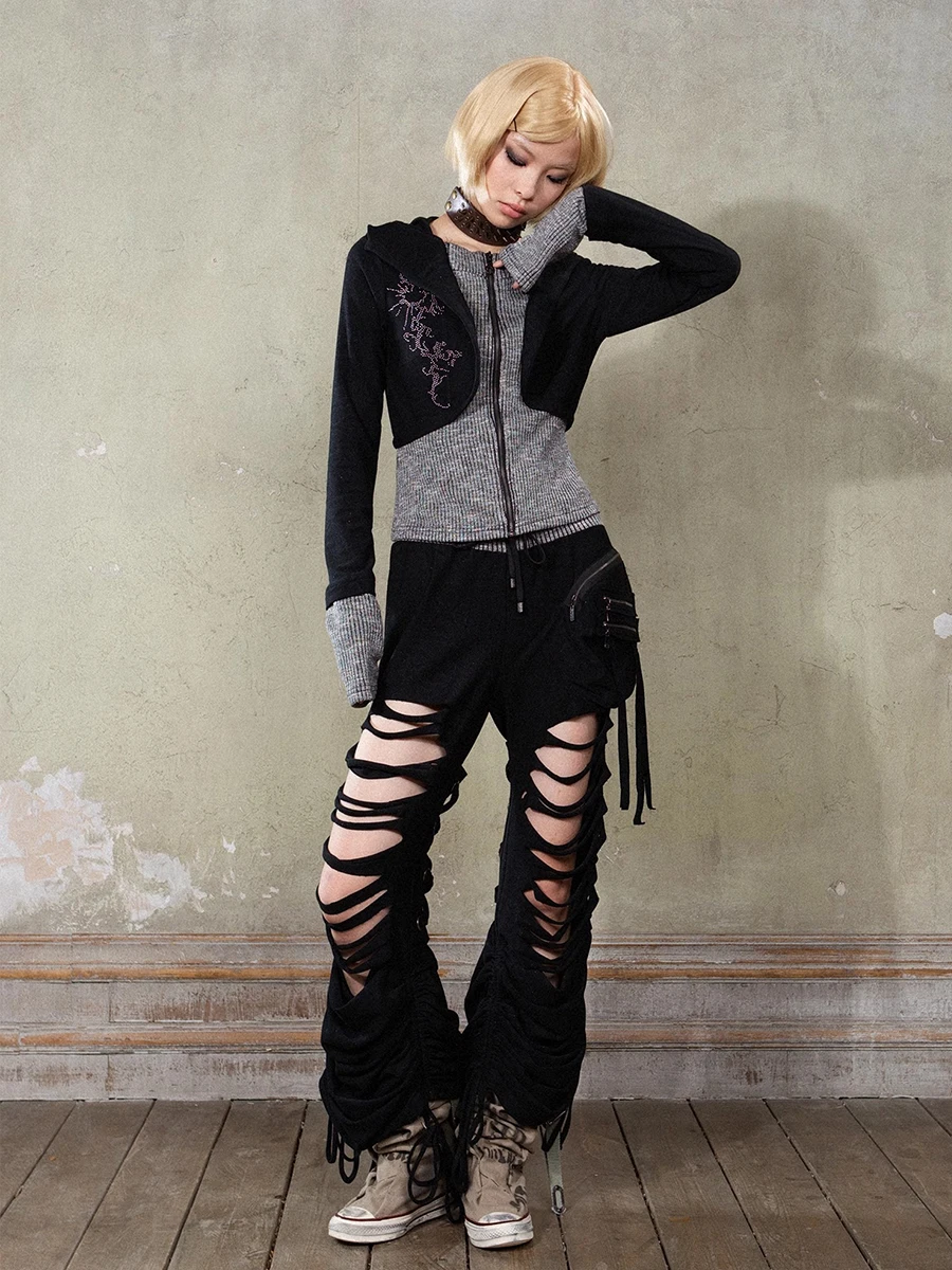 REDDACHiC 美的女性ジップアップスウェットシャツジャケット光沢のあるヒョウステッチニット長袖カーディガンフード付きトップグランジ Y2k 服