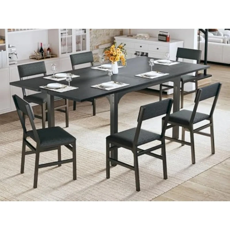 

7-Piece Dining Table Set for 4-6, Extendable Kitchen Table Cushion Chairs Set of 6 with 6 Chairs, Rectangle Dining Table