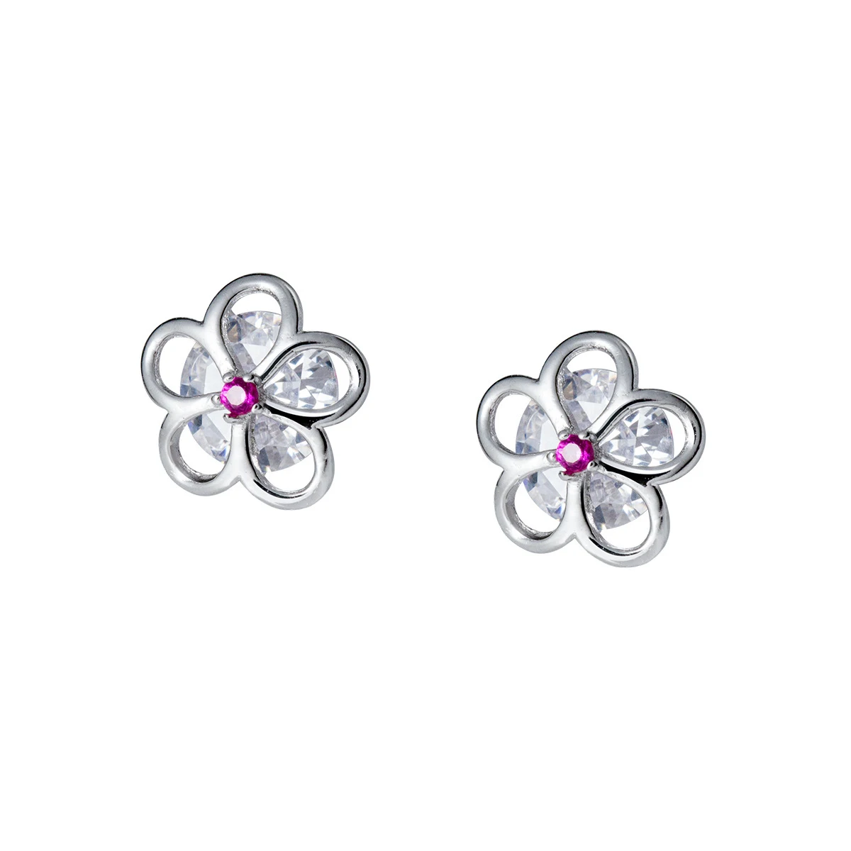 Modian Summer Beach 100% 925 Sterling Silver Pink Crystal Zircon Stud Earrings For Women Clear CZ Hollow Flower Silver Jewelry