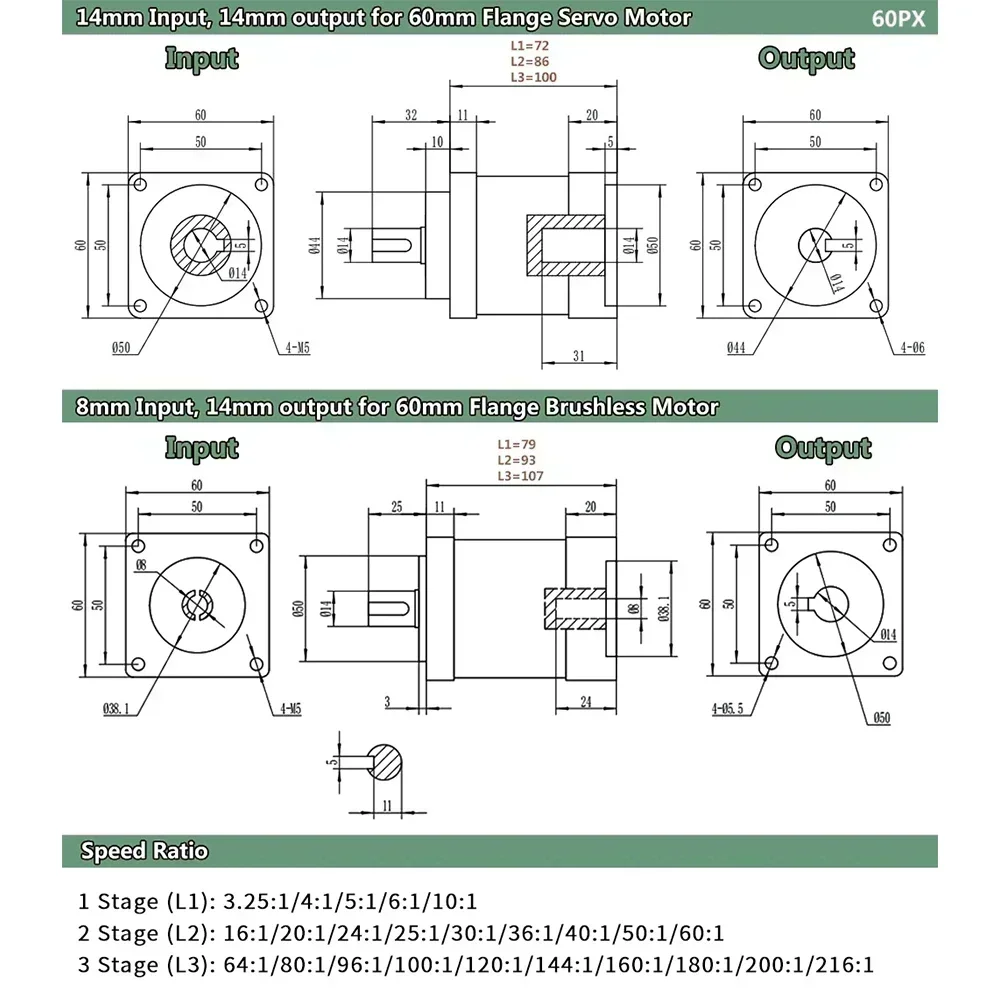 60mm Flange Planetary Gearbox 8/14mm Input 3.25-200:1 Ratio Reducer for  60mm Flange Brushless Servo Motor Nema 24 - view 6