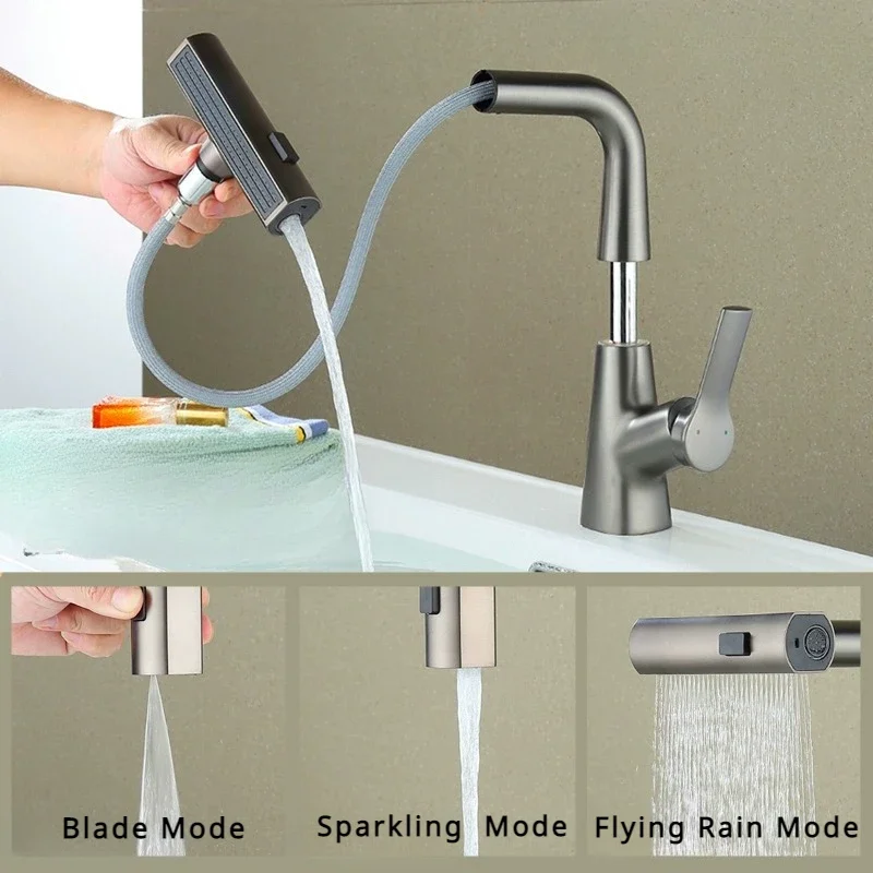 3 Function Hot Cold Bathroom Basin Faucet 360 Degree Rotatable Washbasin Tap Pull Out Lift Pressurized Rainlfall Sink Mixer Taps