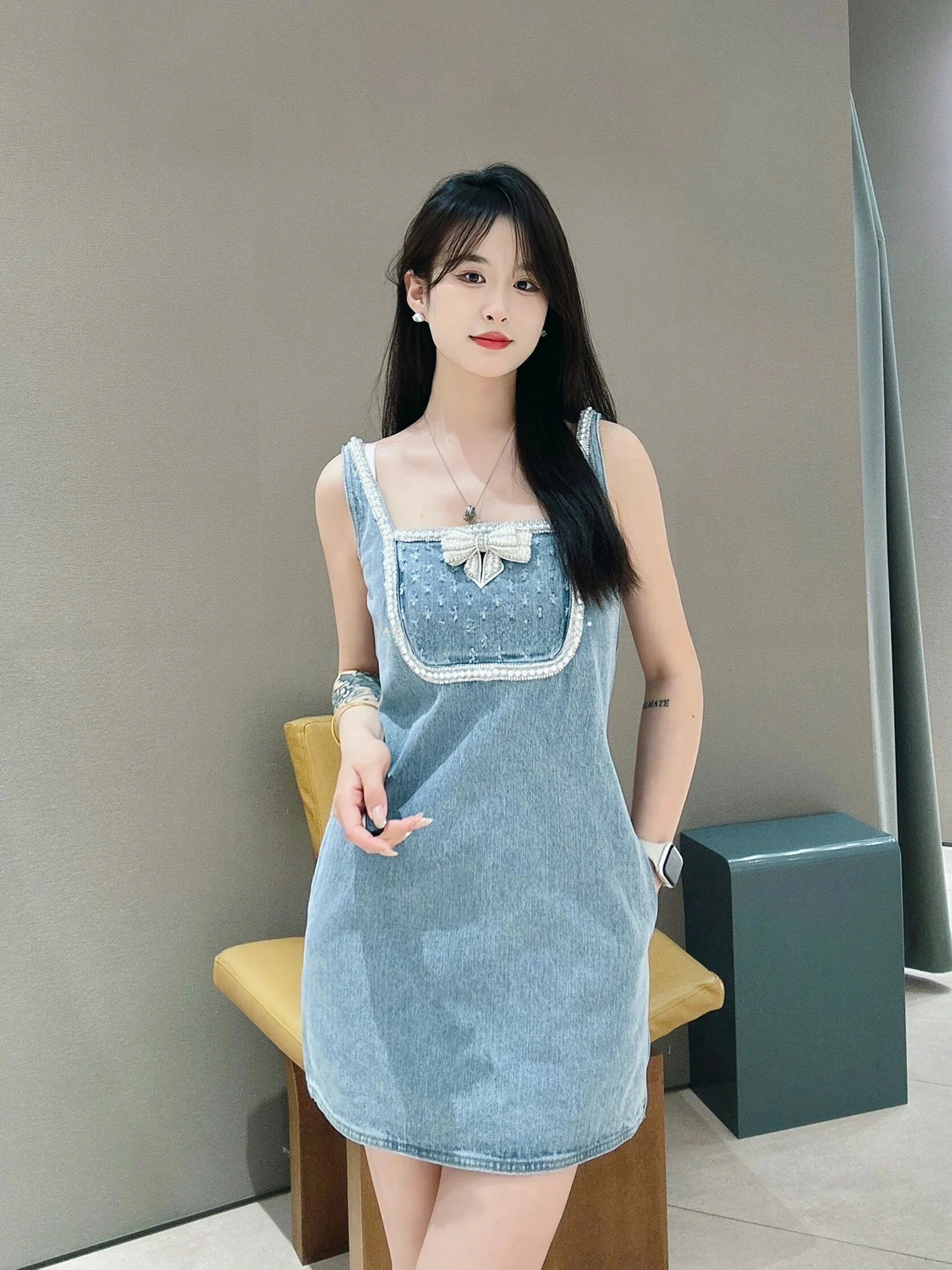 

Faionable Waed Denim ter Dr с узлом и бусинами Юбка с высокой талией без свека Весна Лето Осень