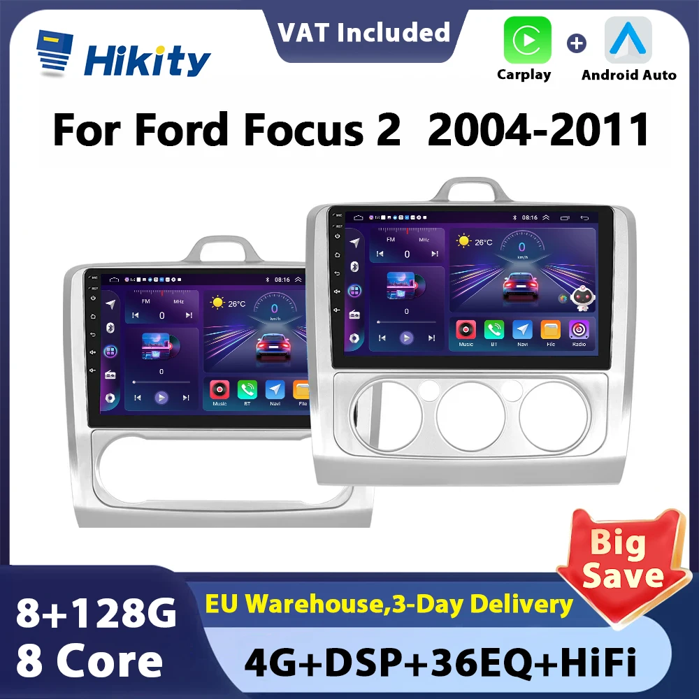 Hikity 8core Android 2din Car Radio CarPlay Android Auto Radio For Ford focus 2 3 Mk2 Mk3 2004-2011 GPS Bluetooth DSP WIFI