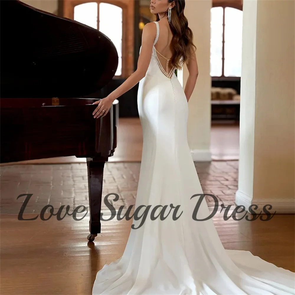 

Simple Long Wedding Dresses Mermaid Satin Bridal Gowns Spaghetti Strap Sweetheart Neck Back Button Bride Dress robe de mariée