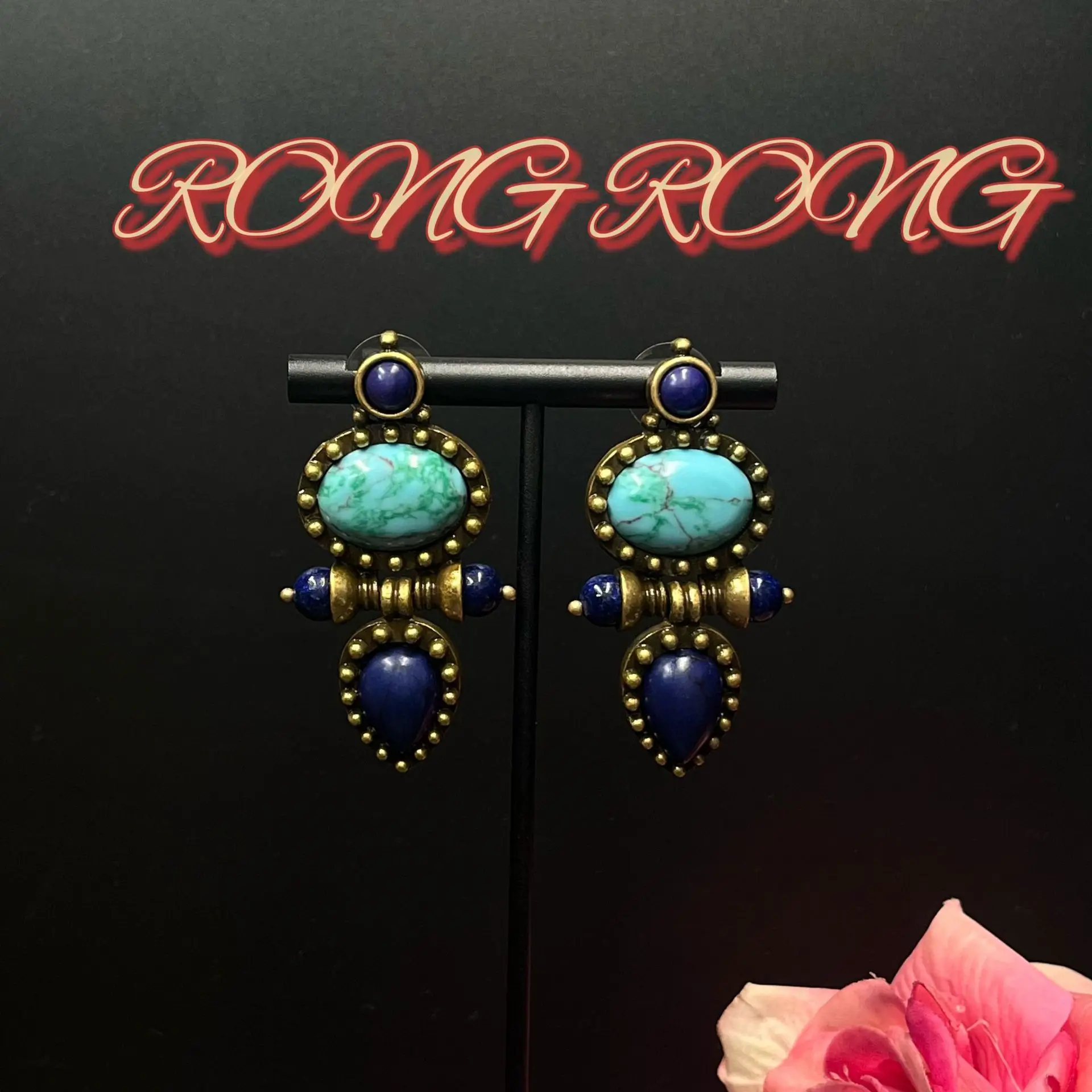Vintage Jewelry European and American Turquoise Blue Natural Stone Pendant Earrings Western Exaggerated Earrings