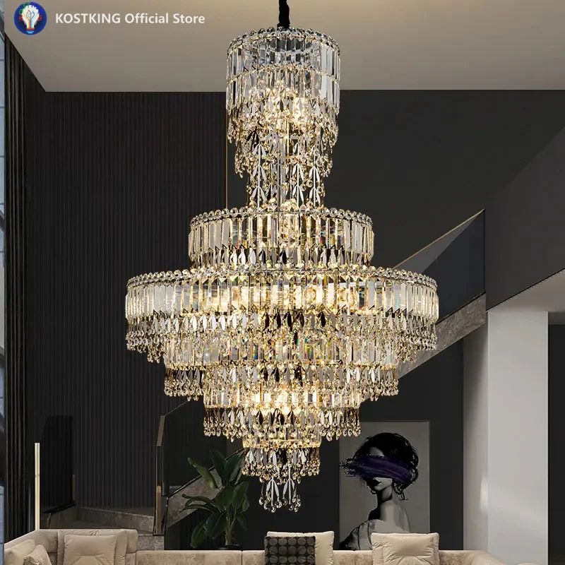 

Duplex Villa Crystal Chandelier Luxury Living Room Building Middle Building Hotel Hollow Spiral Staircase Long Zhongshan Lamps