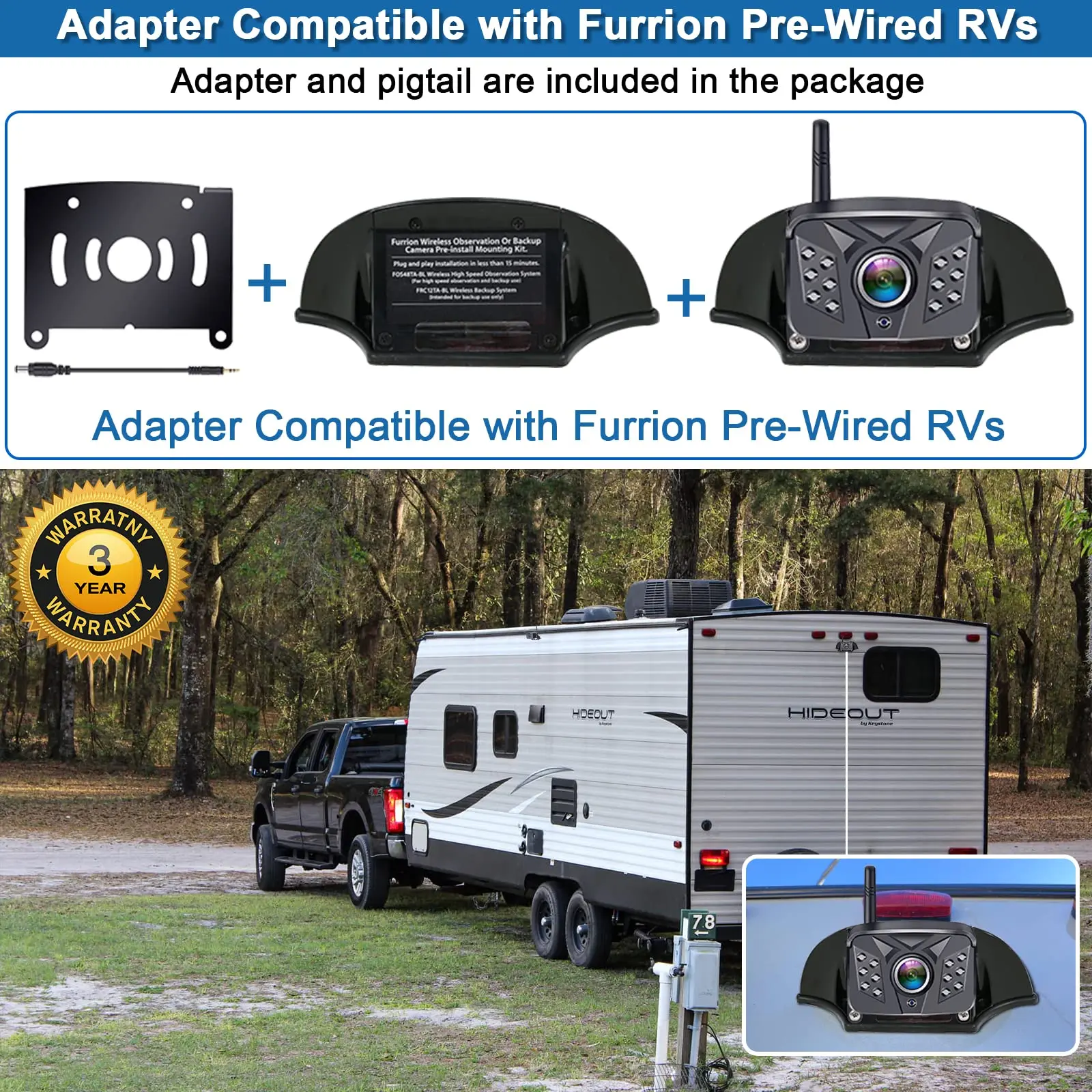 Wireless RV Backup Camera HD 1080P Night Vision Dual Antennas 7'' Touch Key DVR Monitoring Waterproof Rear View System