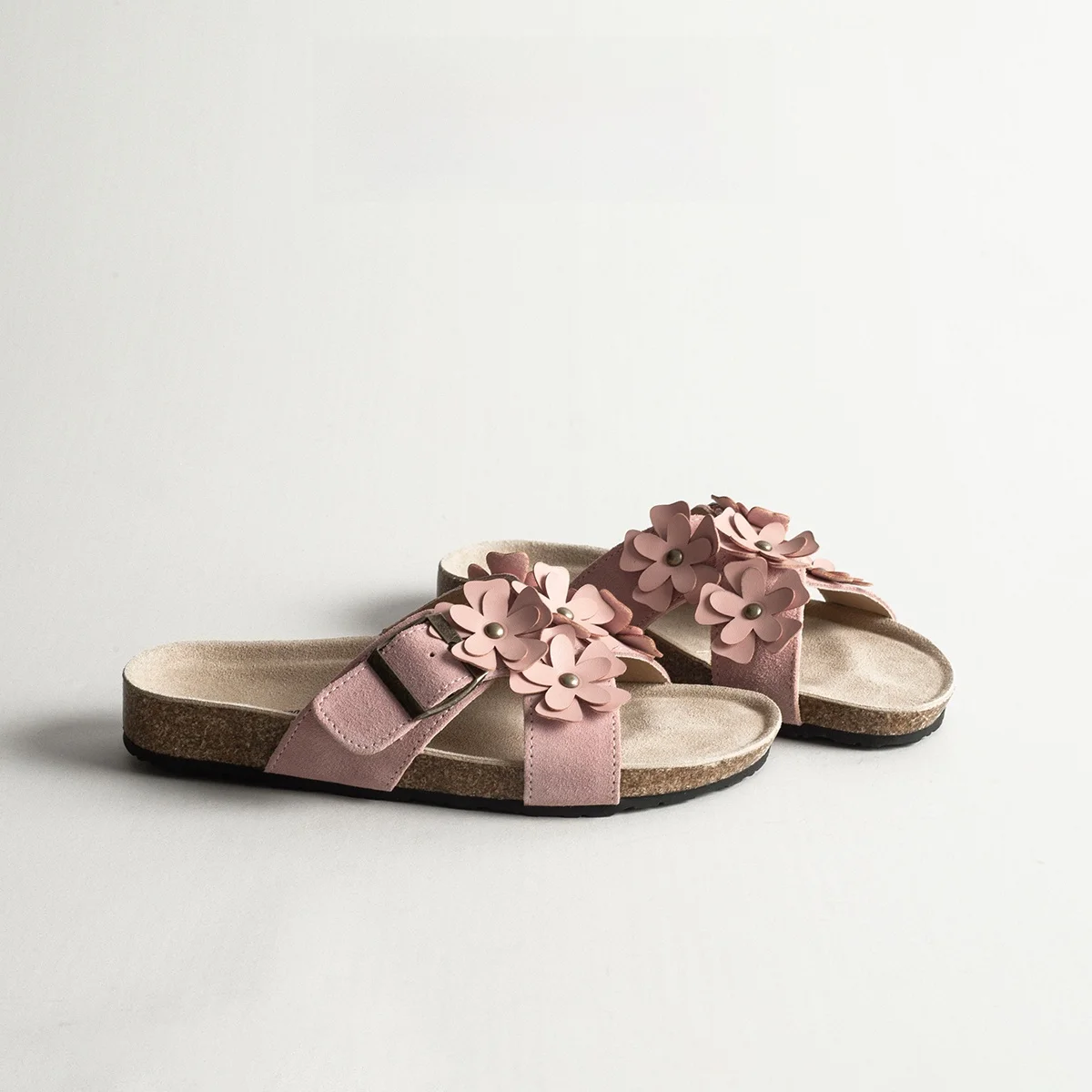 Retro Floral Cross Strap Sandals Women's Summer Outdoor Wear Real Leather Flat Bottom Cork  Casual Beach Slippers