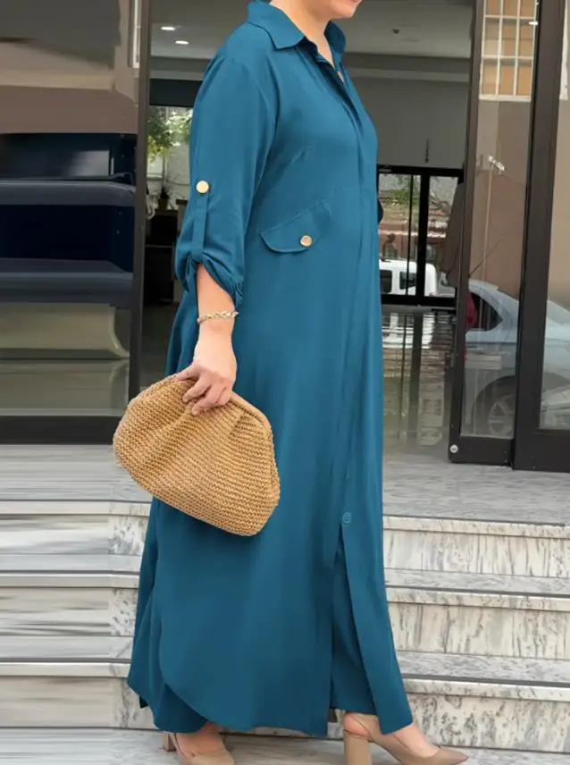 

Women's 2 Pieces Outfit Turn-Down Collar Long Sleeve Longline Blouse with Pockets and Casual Elastic Waist Wide Leg Pants Set