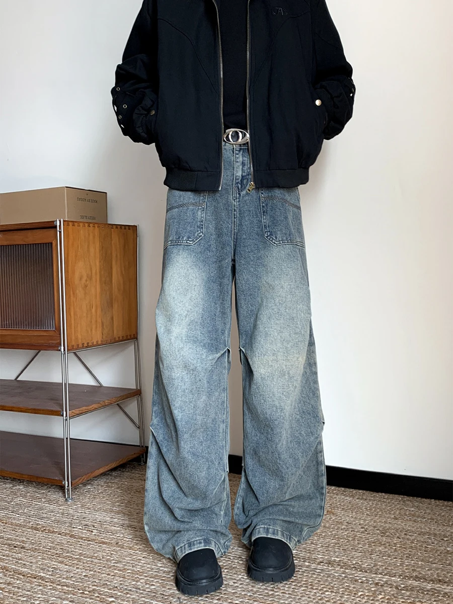

Folded Hem Loose Straight Leg Jeans Men's Autumn American Waed Knife Wide Leg Pants Casual Vintage Sle Jeans