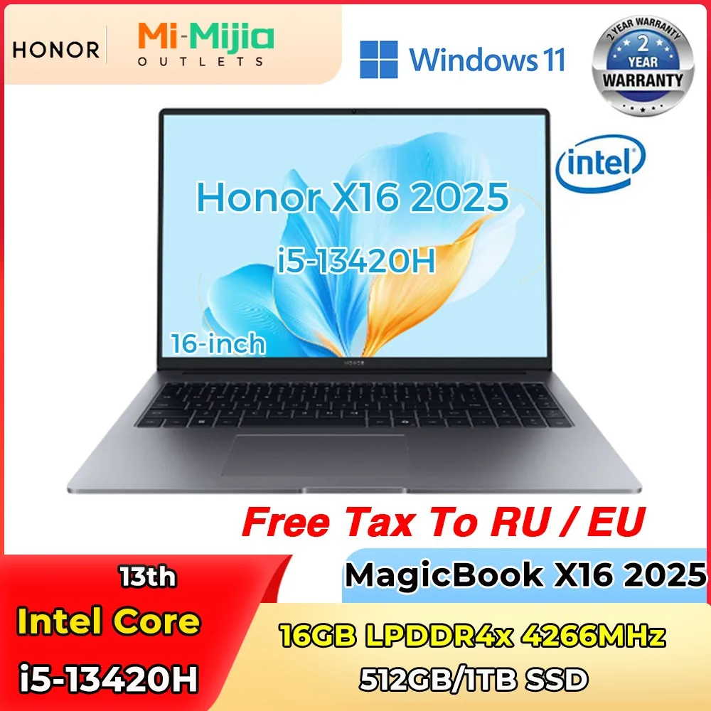 كمبيوتر محمول Honor الجديد X16 2025 13th Intel Core I5-13420H 16G 512G/1 تيرا بايت SSD 16 بوصة 60 هرتز IPS شاشة كمبيوتر محمول رفيع للغاية