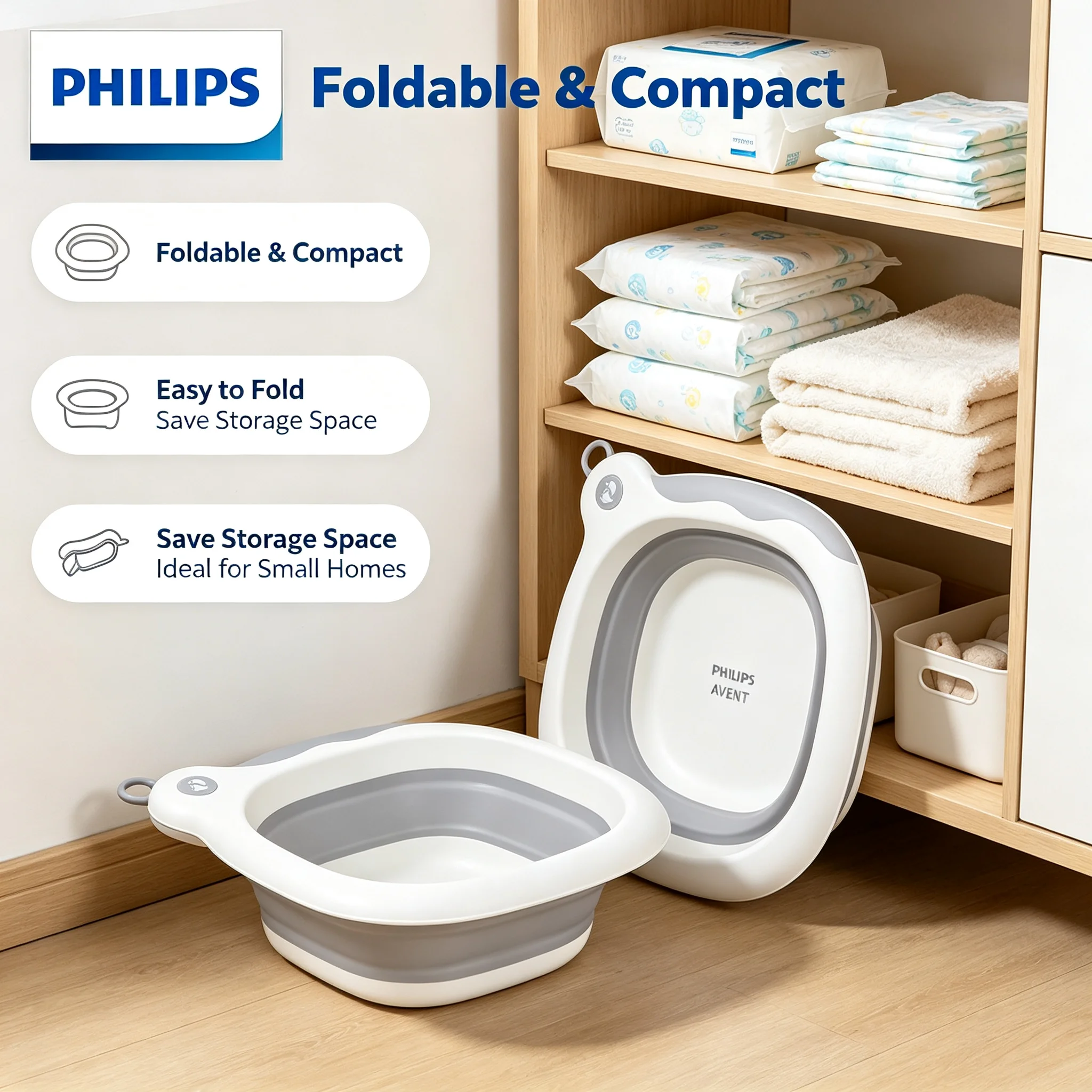 Philips Avent Foldable Antibacterial Baby Wash Basin, Portable Collapsible Baby Bath Tub for Newborn Infant Washing