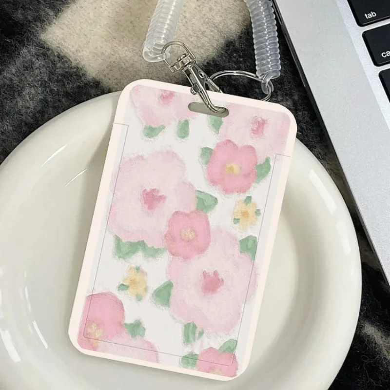 Oil Painting Style Card Holder Pink Yellow Flowers Suitable for Bus Card Protection Cover, Meal Card Cover, Student ID Cover