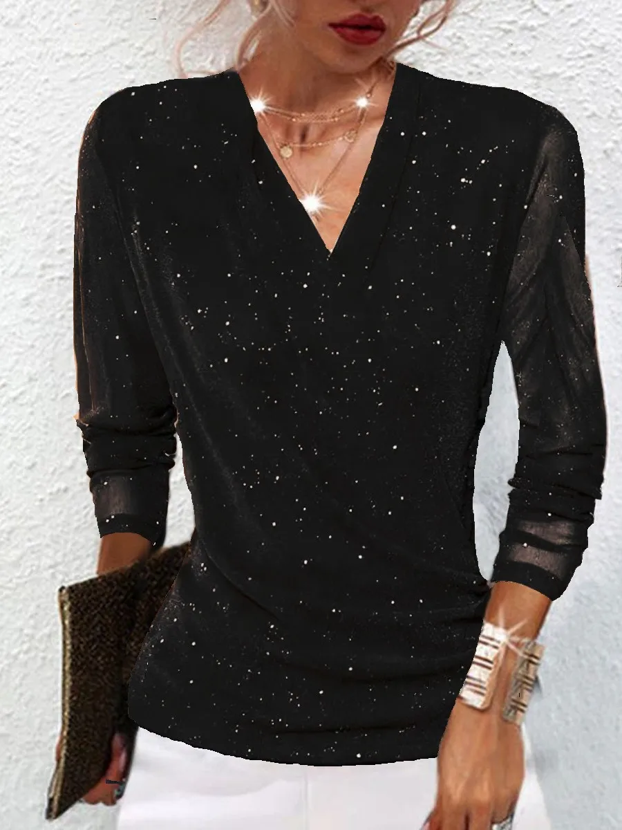 V Neck Long Sleeve T Shirt Regular Length Sophisticated with Daily Spring Private Celebrity Style Long Sleeve Shirts for Women