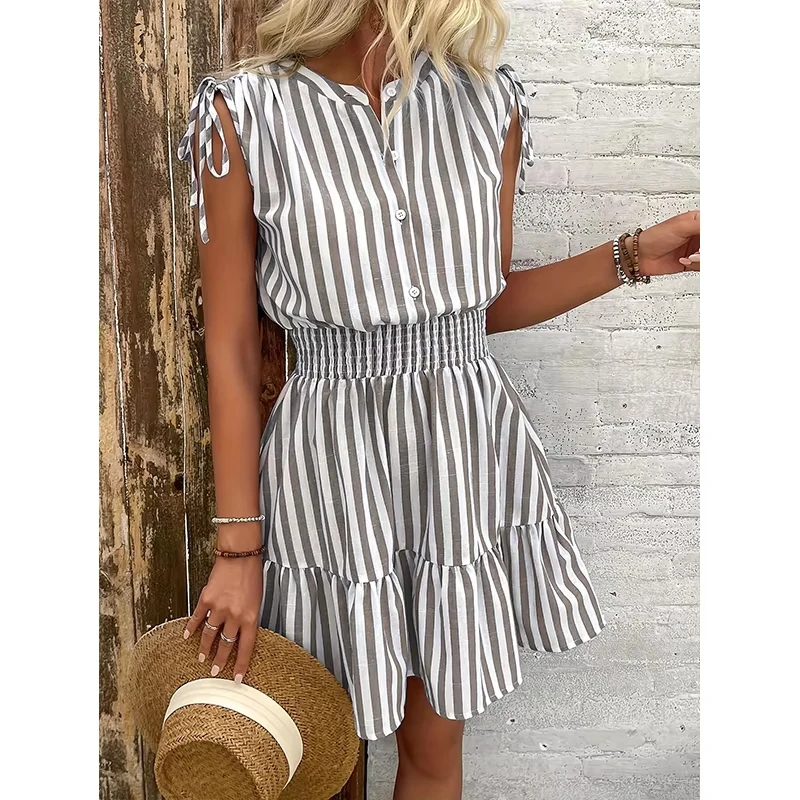

Vintage Boho Summer Midi Dress Women Sleeveless Casual Holiday Striped Shirt Dress Women Sundress Outfits Female Robe Vestidos