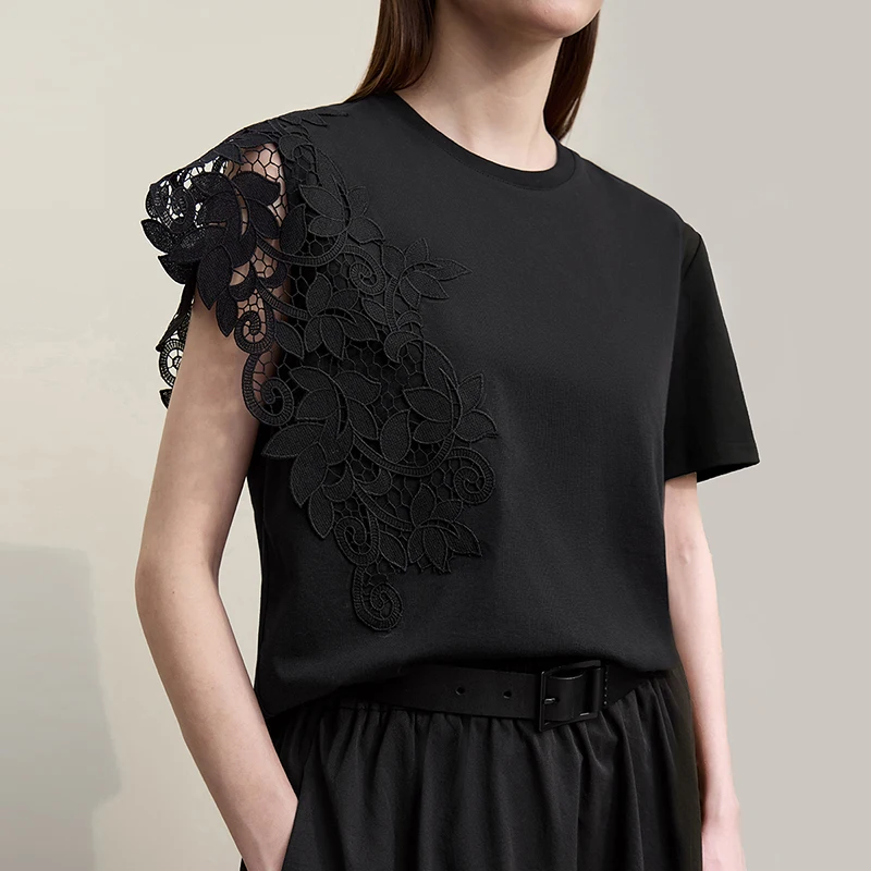Amii T-shirt 2026 Summer New O-Neck Moisture-Wicking Cotton Tee Asymmetric Lace Loose Short Sleeve T-shirts For Women 12642023 view 4