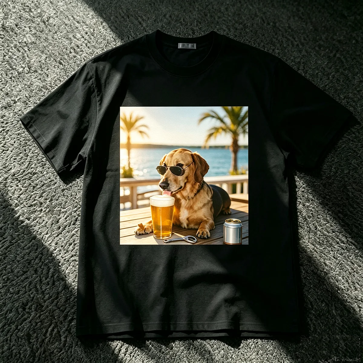 Cool Golden Retriever Dog With Sunglasses Beer Beach T‑Shirt Funny Pet Animal Meme Graphic Novelty Casual Streetwear Unisex Cotton Short Sleeve Tops for Men Women
