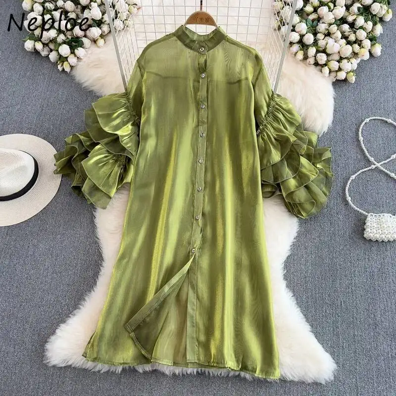 

Однобортная блузка с воротником-стойкой, однотонная однобортная блузка с каскадными рюшами и рукавами-фонариками, корейская мода, свободные повседневные блузки