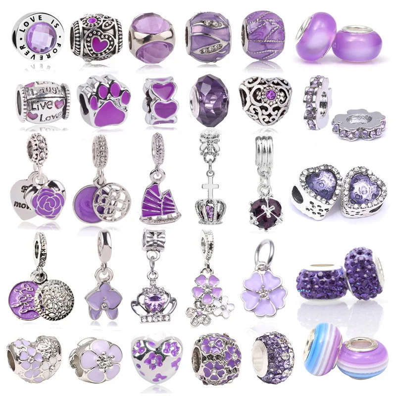 2Pcs/lot DIY Fantasy Purple Love Heart Sailboat Charms Beads Fits Pandoro Bracelets Necklaces For Women Jewelry Making