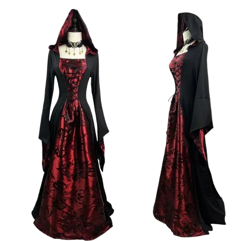 Gotisches Vampir-Cosplay-Kostüm für Halloween, Damen-Hexe, Schwarz-Rot, Vintage-Karnevalsparty, Mittelalterliches Retro-Hexengewand mit Kapuze
