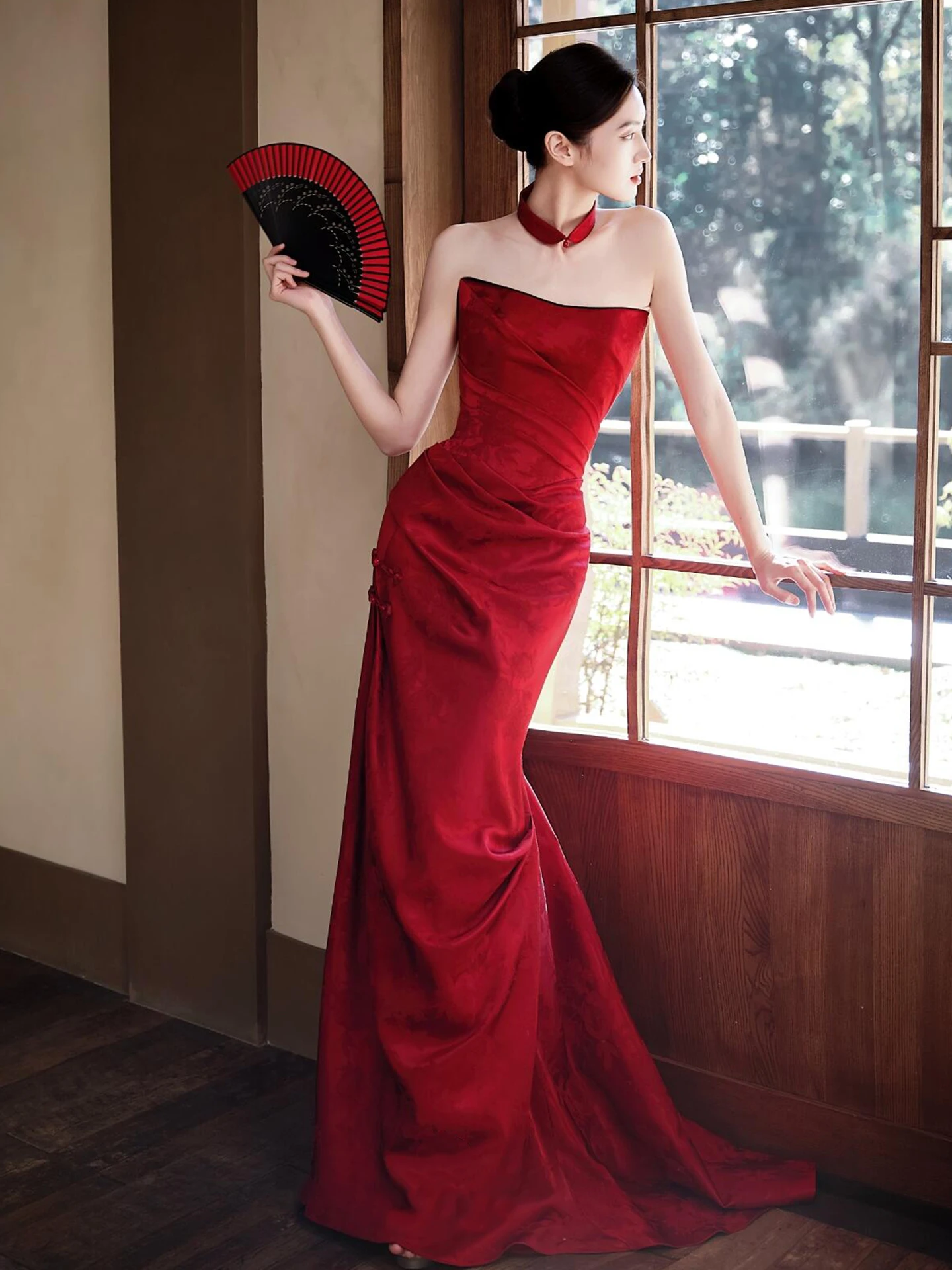 

Красное винтажное свадебное платье с силуэтом «русалка» и без бретелек для помолвки, свадьбы и банкета в честь благодарности, длинное вечернее платье