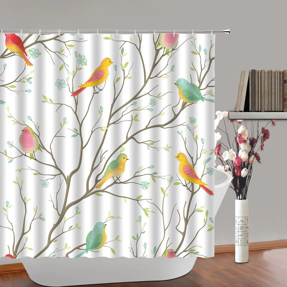 

Bird Shower Curtain Watercolor Animal Tree Branch Flowers Design Nature Jungle Leaves Home Bathroom Decor Curtains Bathtub Sets