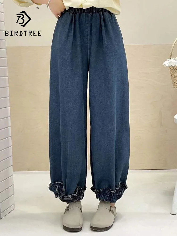 New 2026 Autumn Women Denim Trousers, Elastic Waist Ruffles Patchwork, Mori Girl Age Reduction Japan Style Casual Jeans B67083CC