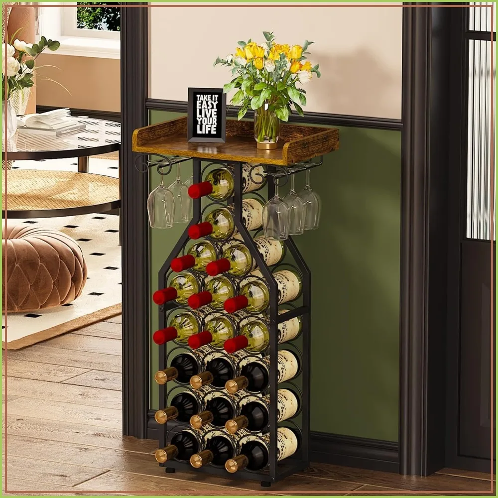 Freestanding Wine Rack with Tabletop, Holds 19 Bottles & 6 Glasses, Sturdy MDF & Metal, Adjustable Feet, for Home Bar Kitchen