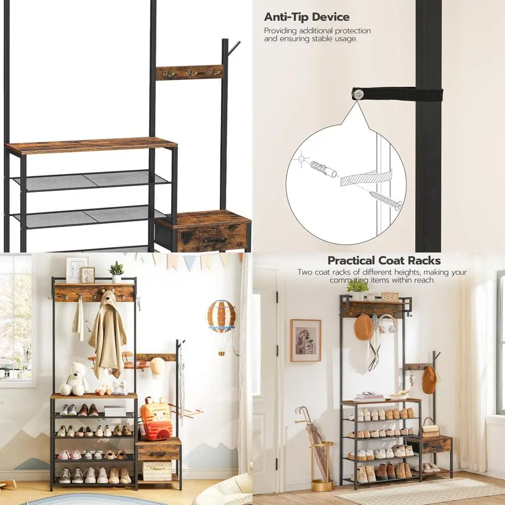 

Коричневая вешалка для прихожей в деревенском стиле с ящиком для хранения обуви и тканевым ящиком